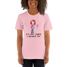 Load image into Gallery viewer, Women's T-shirts Short Sleeve Jersey T-Shirt. I'm not sure I believe you. (black lettering) ©