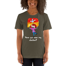 Load image into Gallery viewer, Women's T-shirts Short Sleeve Jersey T-Shirt. Have you seen my chicken? (white lettering) ©