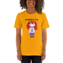 Load image into Gallery viewer, Women's T-shirts Short Sleeve Jersey T-Shirt. Where's the WIFI. (black lettering) ©