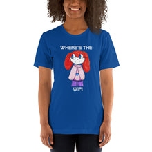 Load image into Gallery viewer, Women's T-shirts Short Sleeve Jersey T-Shirt. Where's the WIFI. (white lettering) ©