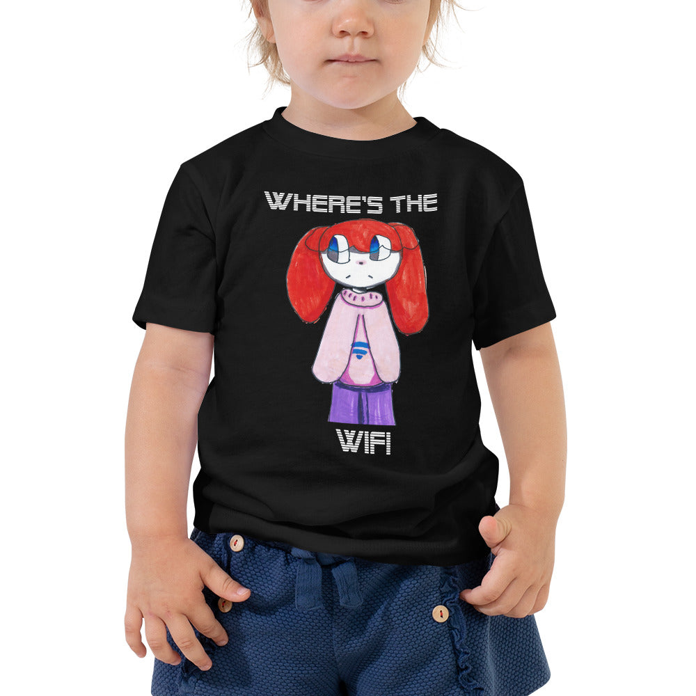 Toddler T-shirt Bella + Canvas Toddler Short Sleeve Tee with Tear Away Label. Where's the WIFI. (white lettering) ©