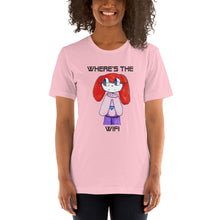 Load image into Gallery viewer, Women's T-shirts Short Sleeve Jersey T-Shirt. Where's the WIFI. (black lettering) ©