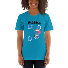 Load image into Gallery viewer, Women's T-shirts Short Sleeve Jersey T-Shirt. Bubbles. (black lettering) ©