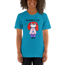 Load image into Gallery viewer, Women's T-shirts Short Sleeve Jersey T-Shirt. Where's the WIFI. (black lettering) ©